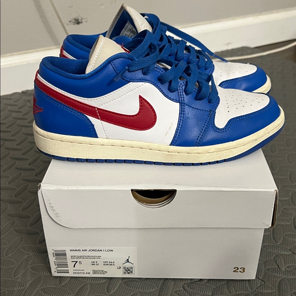 Jordan women’s air Jordan 1 low  Blue, White, and Red Sneakers 7.5